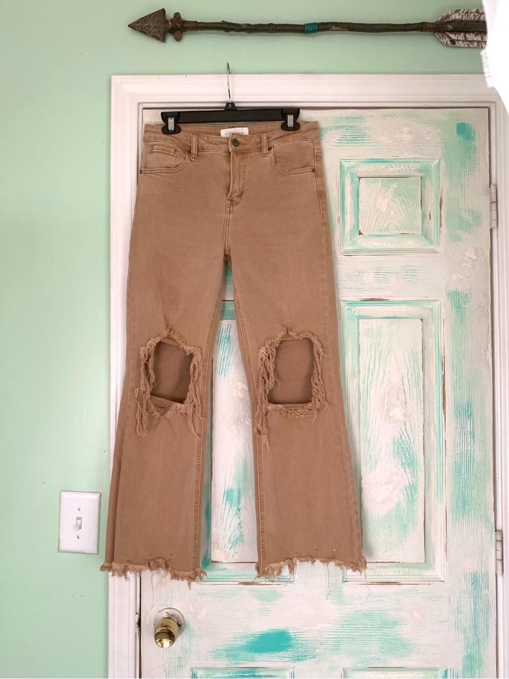 Risen Terracotta Brown/Camel Tan Distressed 90’s Vintage Style Crop Jeans 29